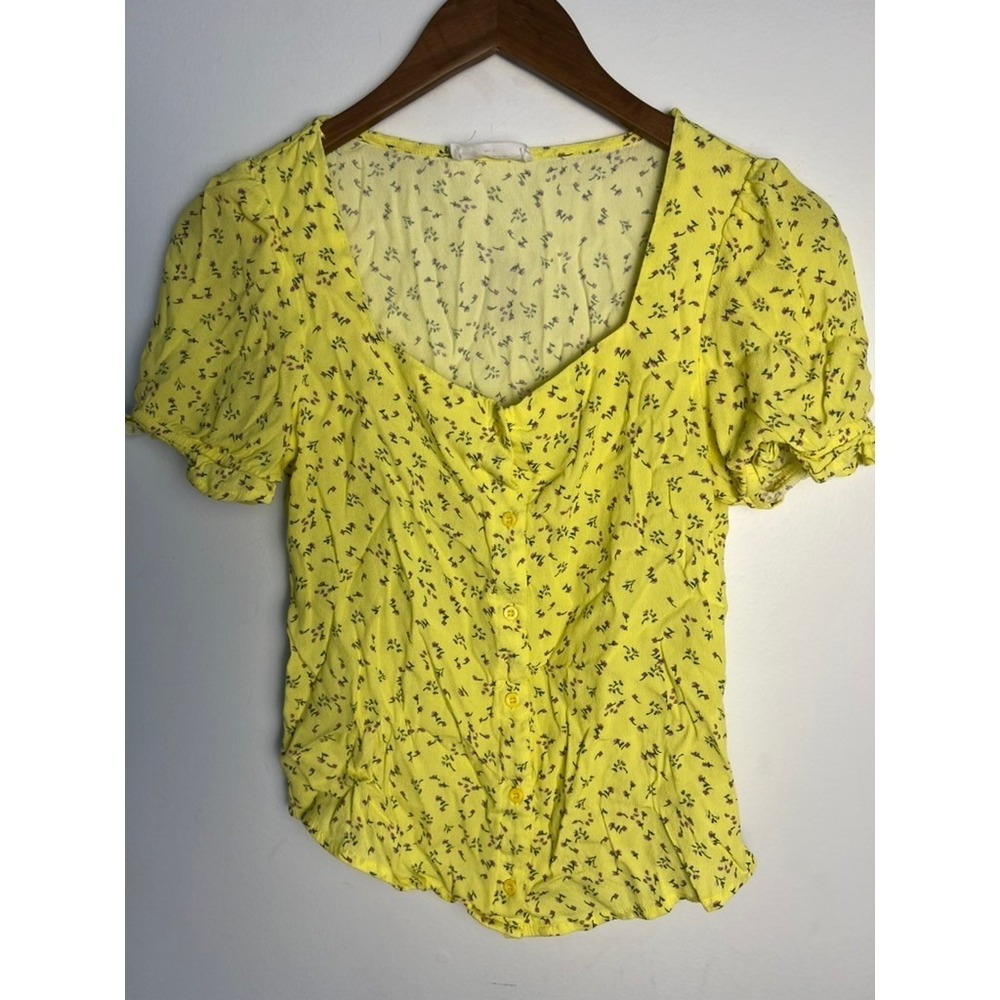 Elodie Sm Yellow Floral Button Front Puff Sleeve Blouse Sweetheart Neck Cottage